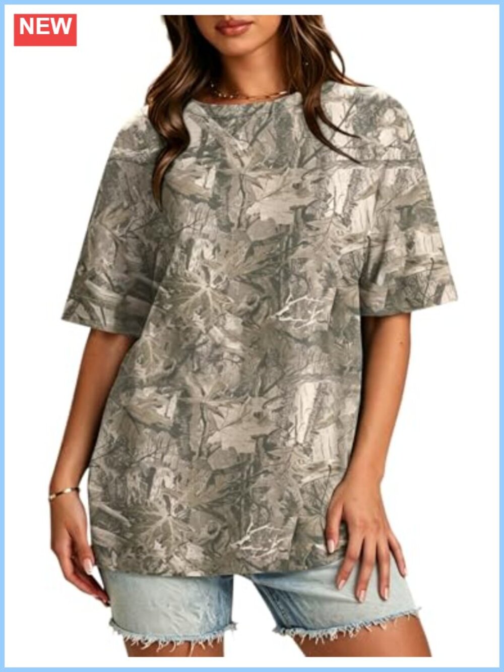 Oversized Camo Tee Shirt Cotton Blend Maple Leaf Print Pullover Top